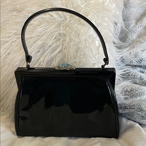 JR | Canada | Vintage | 1960’s | Black | Patent | Handbag | Stone Clip Closure
